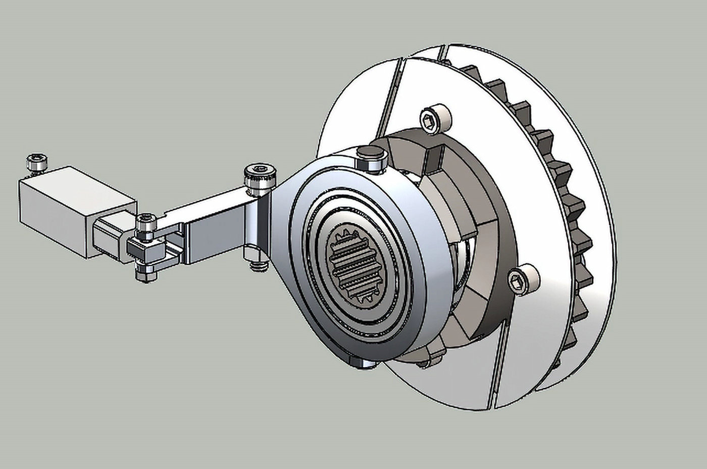 CAD render of the dog clutch, sprocket, and linear actuator