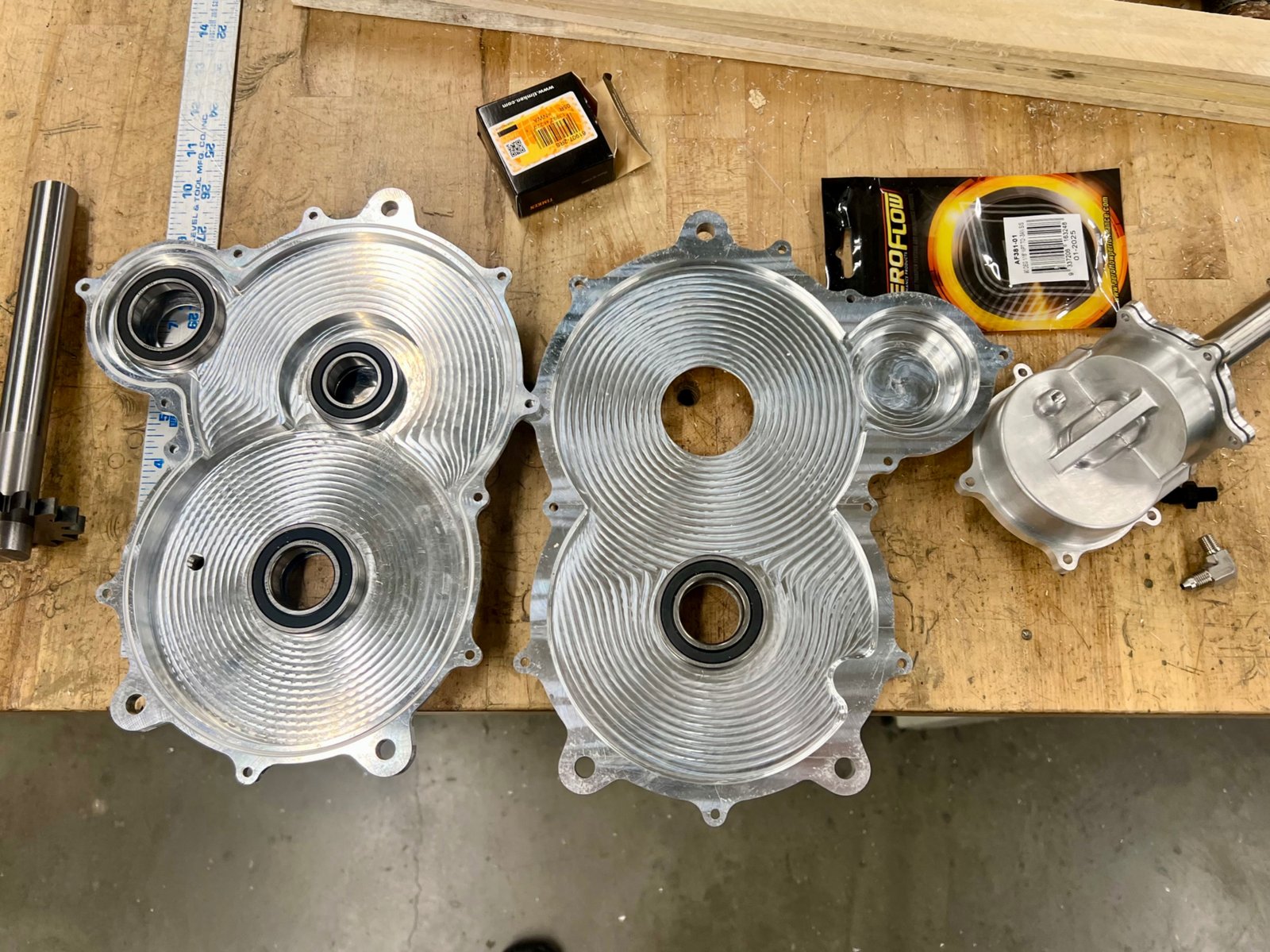 Machined gearbox housing halves with bearings installed