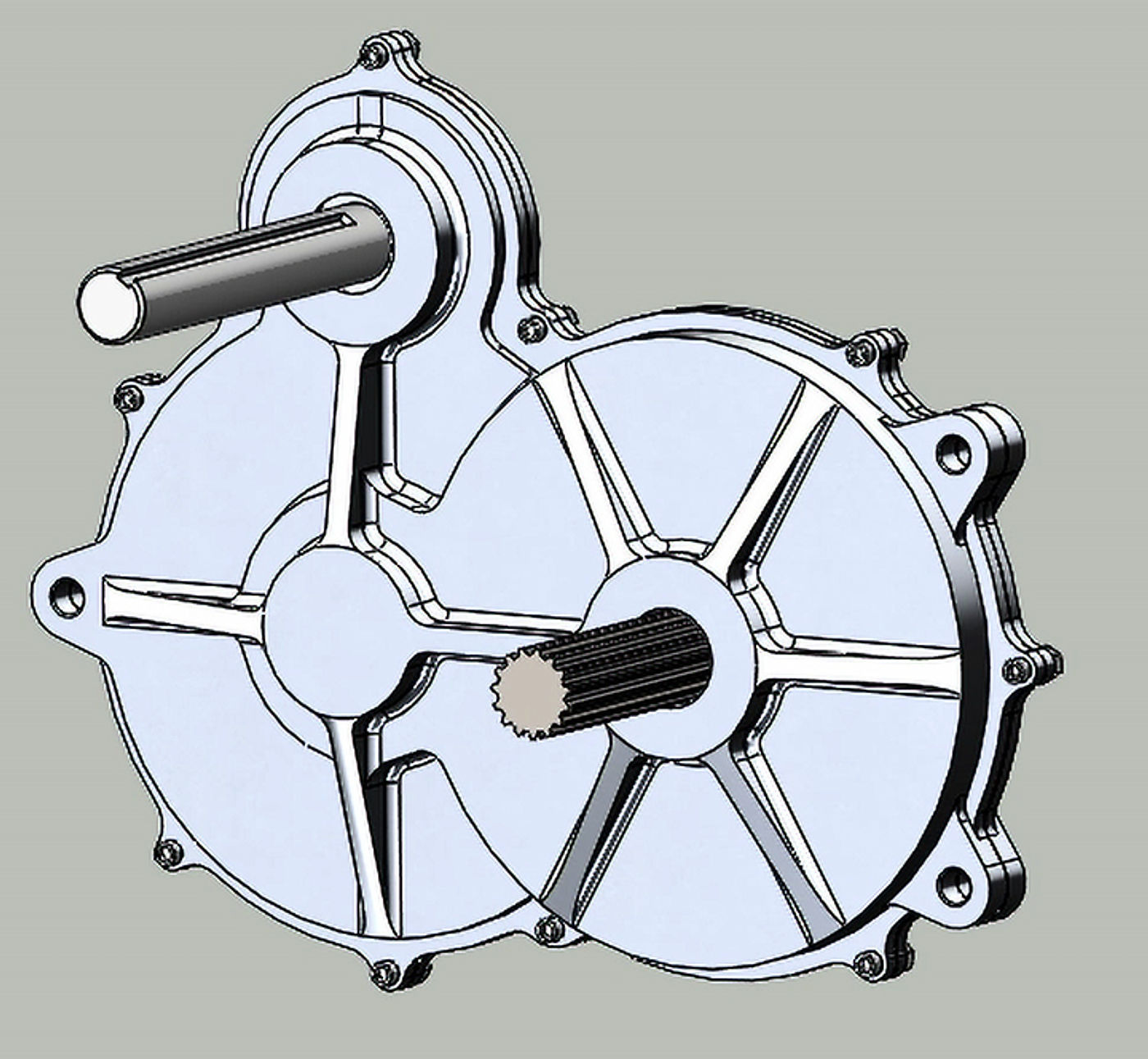 CAD render of the reduction gearbox housing with output shafts