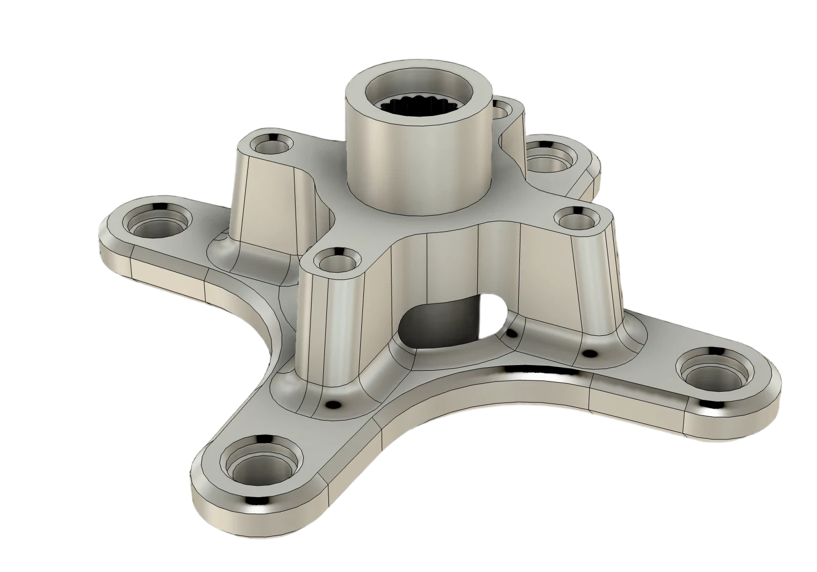 Rendered rear hub showing the internal spline bore and lug bosses